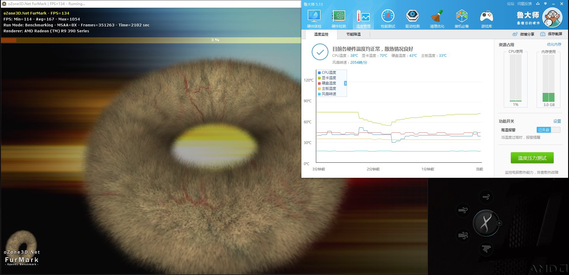 FurMark甜甜圈烤机性能测试30分钟后开启全速风扇转数.JPG